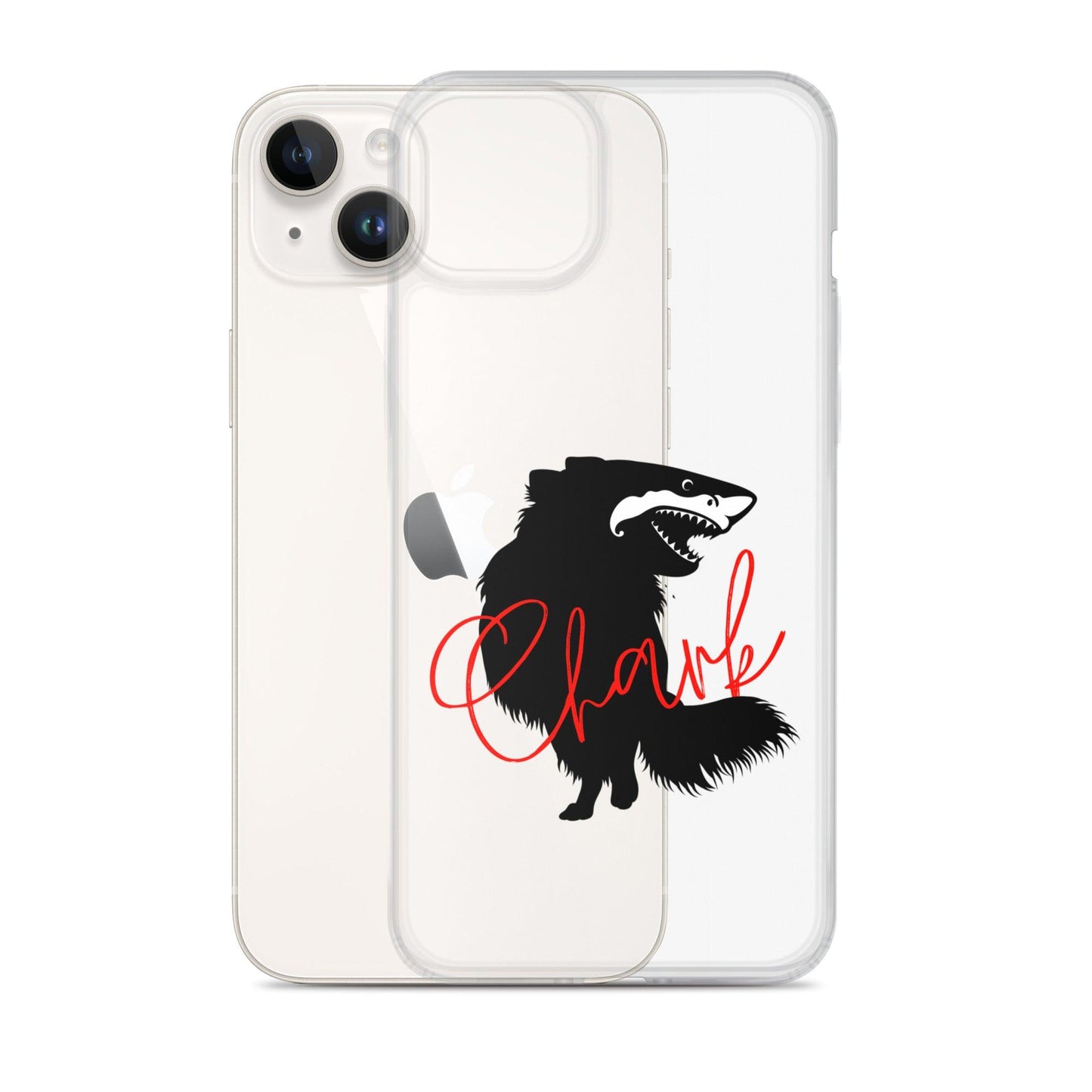 Chihuahua + Shark = Chark Clear iPhone case with the black silhouette of a longhaired chihuahua with the face of a great white shark - mouth open to show off jaws lined with lots of sharp white teeth. The word "Chark" is artfully placed in red cursive font over the image. For trendy chi lovers. iPhone 14 plus case.