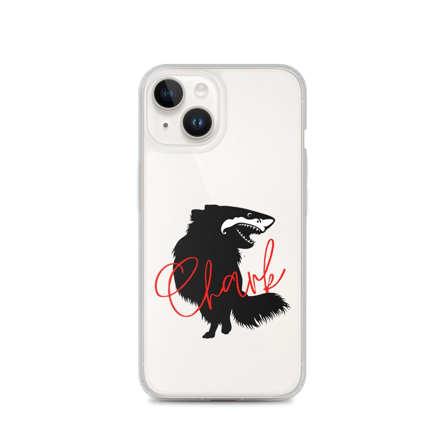 Chihuahua + Shark = Chark Clear iPhone case with the black silhouette of a longhaired chihuahua with the face of a great white shark - mouth open to show off jaws lined with lots of sharp white teeth. The word "Chark" is artfully placed in red cursive font over the image. For trendy chi lovers. iPhone 14 case.