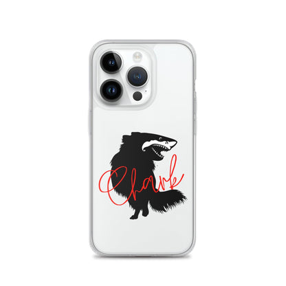 Chihuahua + Shark = Chark Clear iPhone case with the black silhouette of a longhaired chihuahua with the face of a great white shark - mouth open to show off jaws lined with lots of sharp white teeth. The word "Chark" is artfully placed in red cursive font over the image. For trendy chi lovers. iPhone 14 pro case.