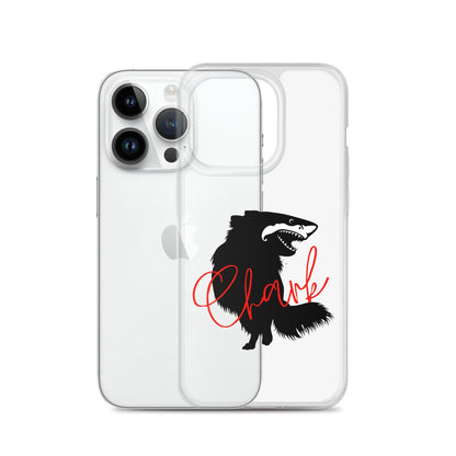 Chihuahua + Shark = Chark Clear iPhone case with the black silhouette of a longhaired chihuahua with the face of a great white shark - mouth open to show off jaws lined with lots of sharp white teeth. The word "Chark" is artfully placed in red cursive font over the image. For trendy chi lovers. iPhone 14 pro case.