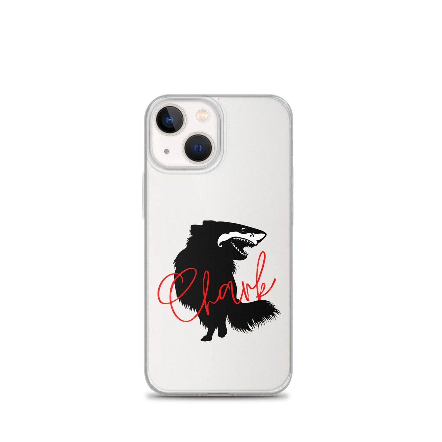 Chihuahua + Shark = Chark Clear iPhone case with the black silhouette of a longhaired chihuahua with the face of a great white shark - mouth open to show off jaws lined with lots of sharp white teeth. The word "Chark" is artfully placed in red cursive font over the image. For trendy chi lovers. iPhone 13 mini case.