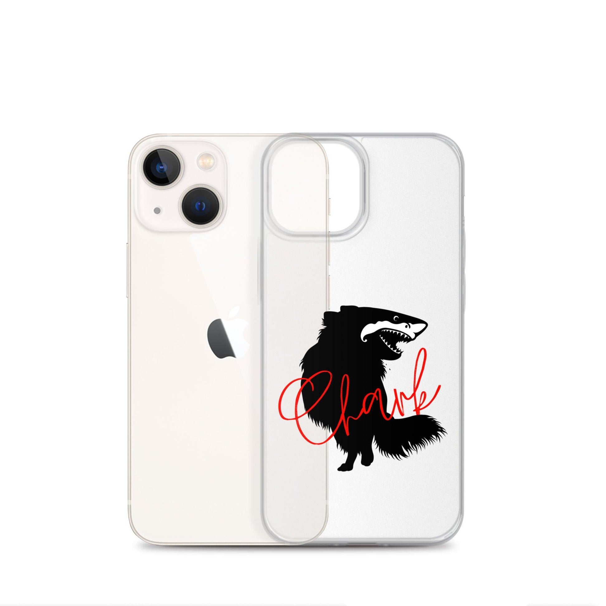 Chihuahua + Shark = Chark Clear iPhone case with the black silhouette of a longhaired chihuahua with the face of a great white shark - mouth open to show off jaws lined with lots of sharp white teeth. The word "Chark" is artfully placed in red cursive font over the image. For trendy chi lovers. iPhone 13 mini case.