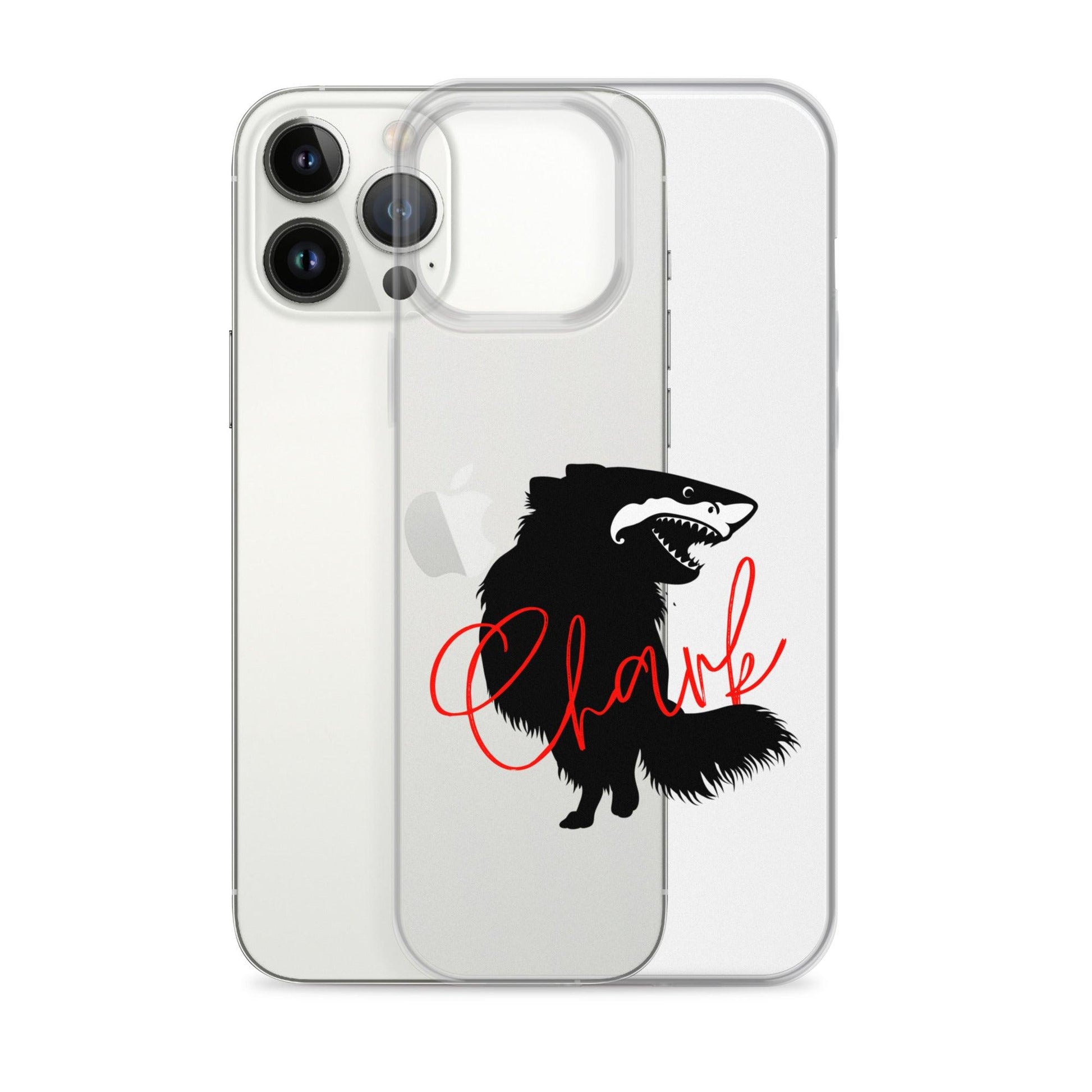 Chihuahua + Shark = Chark Clear iPhone case with the black silhouette of a longhaired chihuahua with the face of a great white shark - mouth open to show off jaws lined with lots of sharp white teeth. The word "Chark" is artfully placed in red cursive font over the image. For trendy chi lovers. iPhone 13 pro max case.