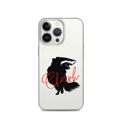 Chihuahua + Shark = Chark Clear iPhone case with the black silhouette of a longhaired chihuahua with the face of a great white shark - mouth open to show off jaws lined with lots of sharp white teeth. The word "Chark" is artfully placed in red cursive font over the image. For trendy chi lovers. iPhone 13 pro case.