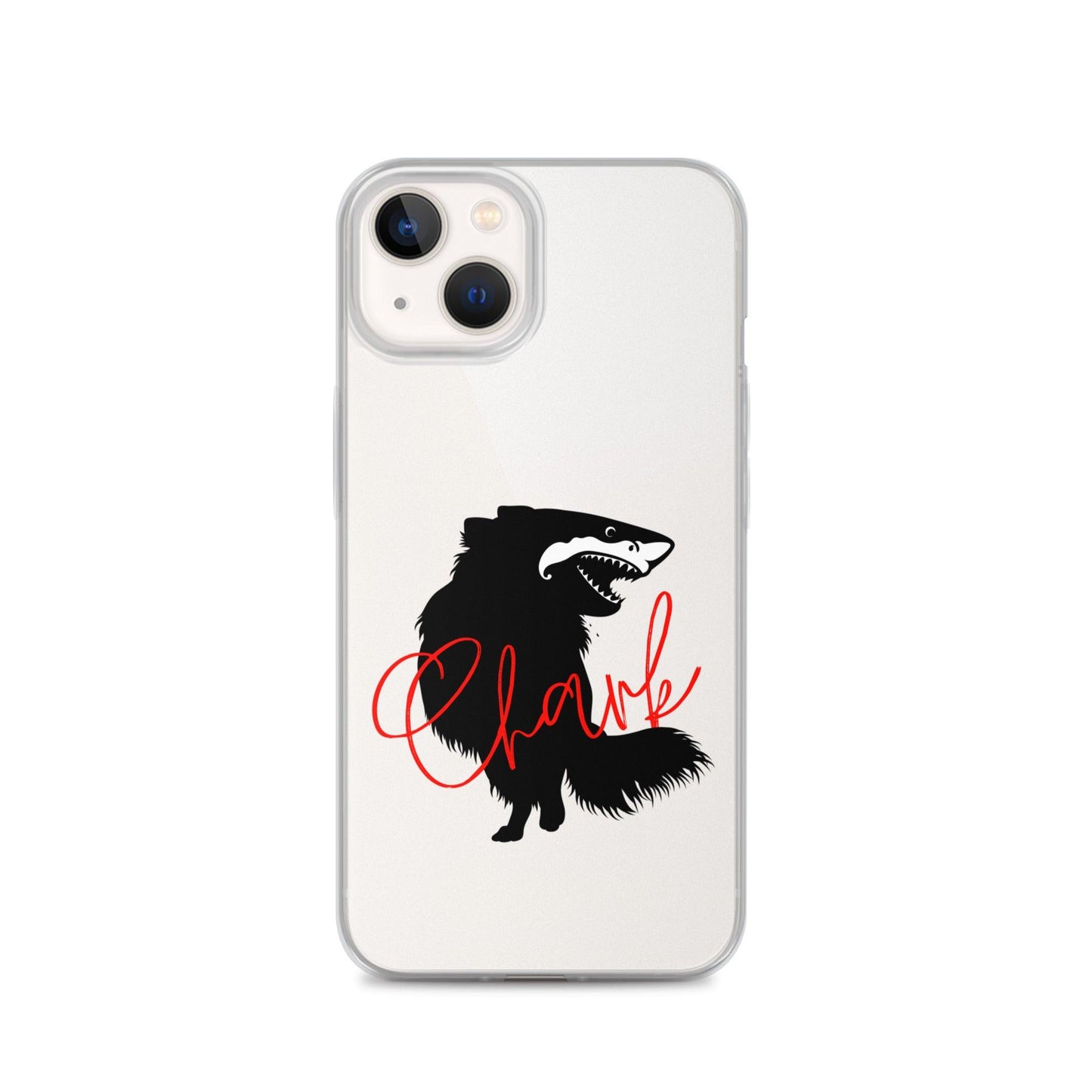 Chihuahua + Shark = Chark Clear iPhone case with the black silhouette of a longhaired chihuahua with the face of a great white shark - mouth open to show off jaws lined with lots of sharp white teeth. The word "Chark" is artfully placed in red cursive font over the image. For trendy chi lovers. iPhone 13 case.
