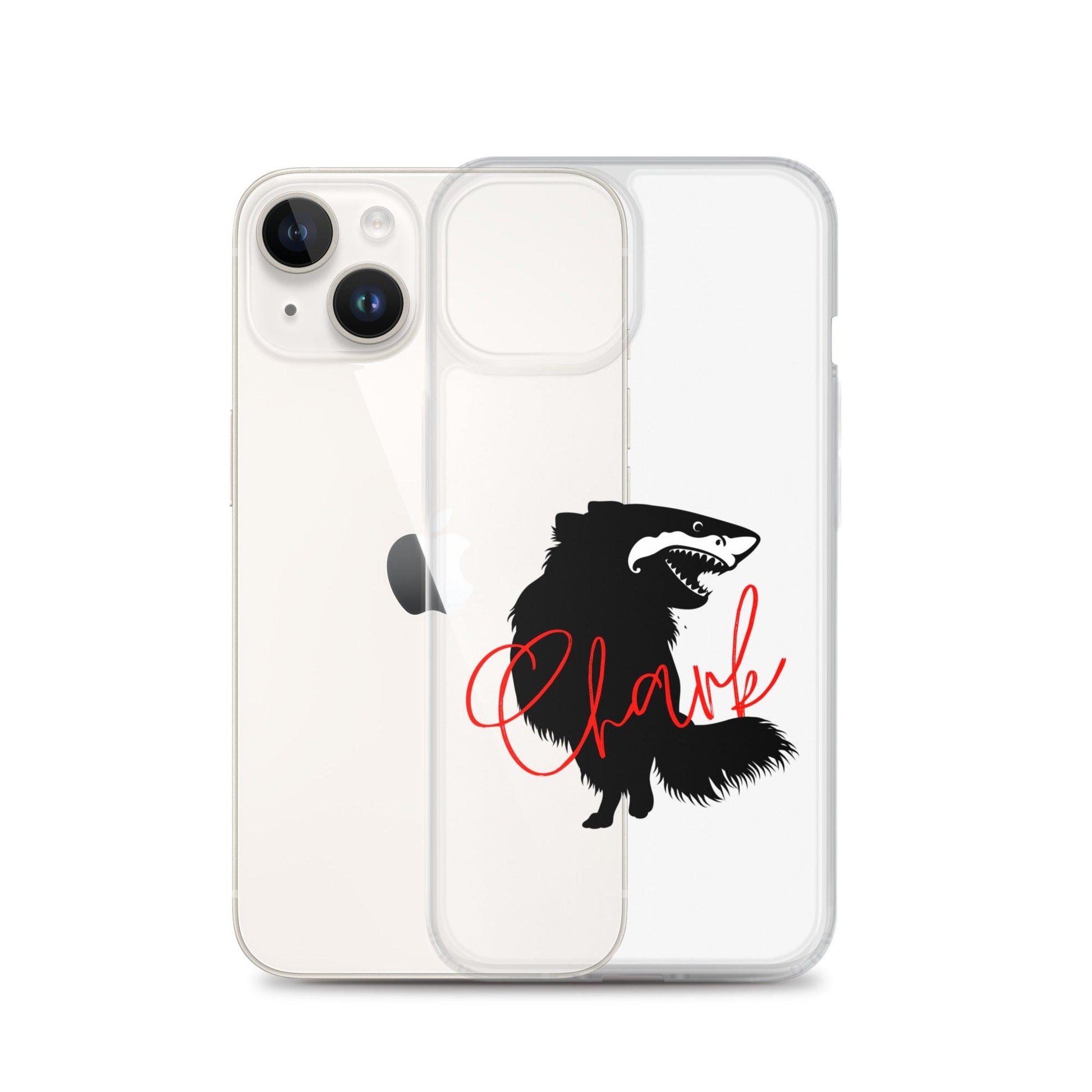 Chihuahua + Shark = Chark Clear iPhone case with the black silhouette of a longhaired chihuahua with the face of a great white shark - mouth open to show off jaws lined with lots of sharp white teeth. The word "Chark" is artfully placed in red cursive font over the image. For trendy chi lovers. iPhone 14 case.