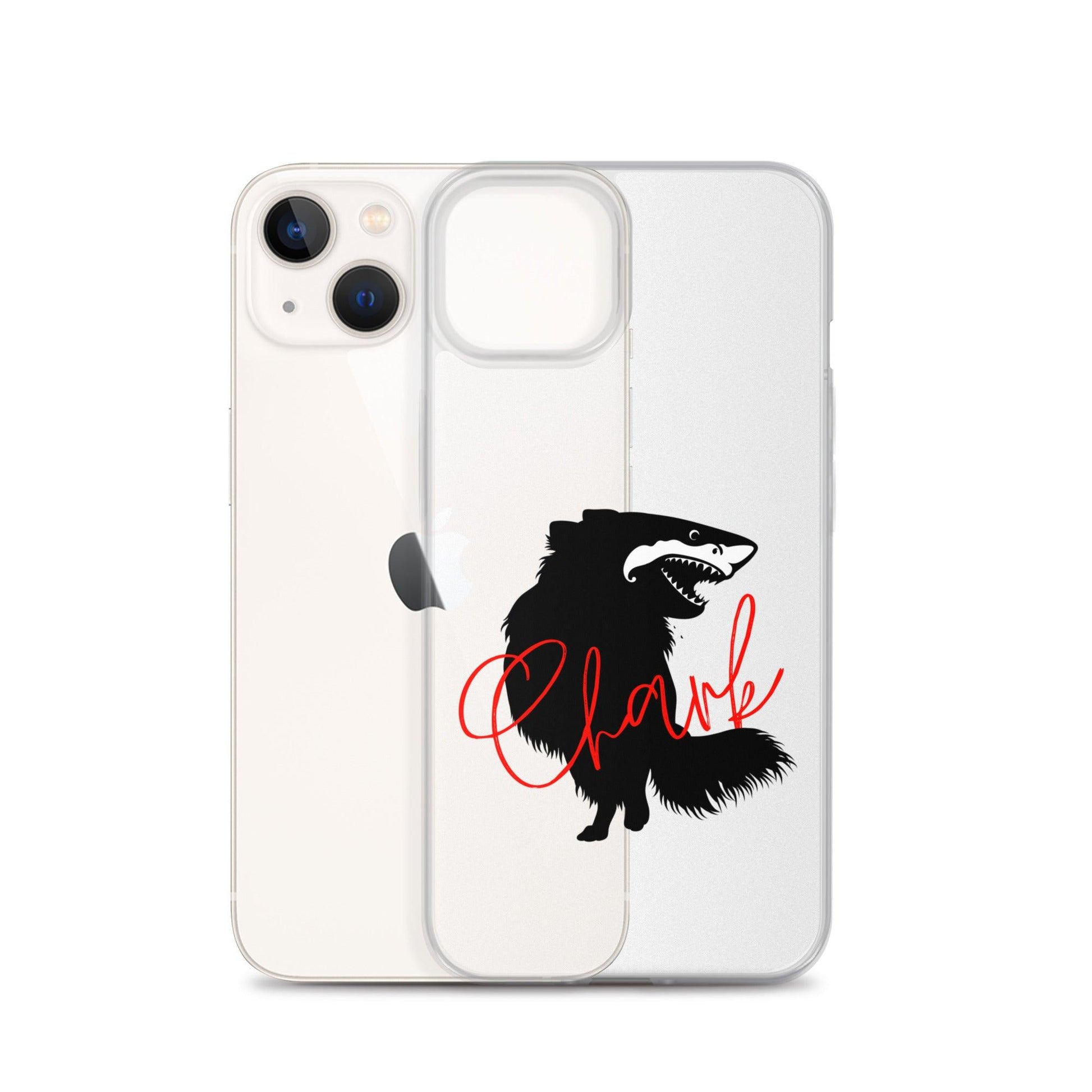 Chihuahua + Shark = Chark Clear iPhone case with the black silhouette of a longhaired chihuahua with the face of a great white shark - mouth open to show off jaws lined with lots of sharp white teeth. The word "Chark" is artfully placed in red cursive font over the image. For trendy chi lovers. iPhone 13 case.