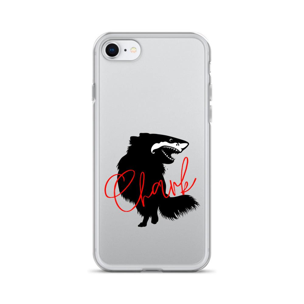 Chihuahua + Shark = Chark Clear iPhone case with the black silhouette of a longhaired chihuahua with the face of a great white shark - mouth open to show off jaws lined with lots of sharp white teeth. The word "Chark" is artfully placed in red cursive font over the image. For trendy chi lovers. iPhone se case.