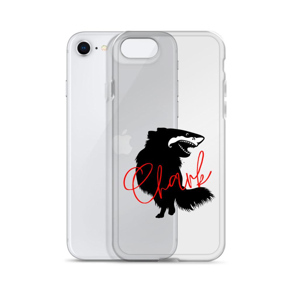 Chihuahua + Shark = Chark Clear iPhone case with the black silhouette of a longhaired chihuahua with the face of a great white shark - mouth open to show off jaws lined with lots of sharp white teeth. The word "Chark" is artfully placed in red cursive font over the image. For trendy chi lovers. iPhone se case.