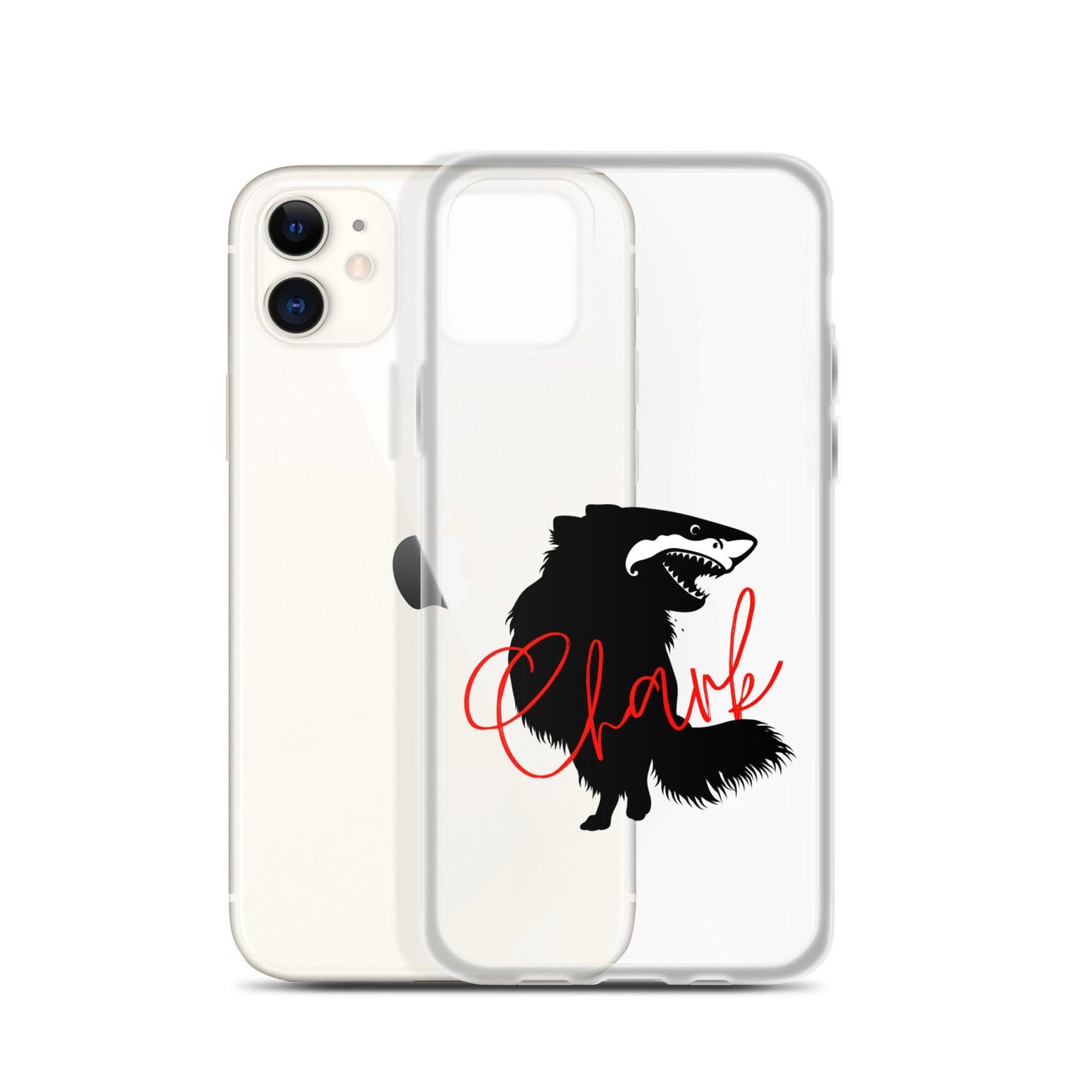 Chihuahua + Shark = Chark Clear iPhone case with the black silhouette of a longhaired chihuahua with the face of a great white shark - mouth open to show off jaws lined with lots of sharp white teeth. The word "Chark" is artfully placed in red cursive font over the image. For trendy chi lovers. iPhone 11 case.