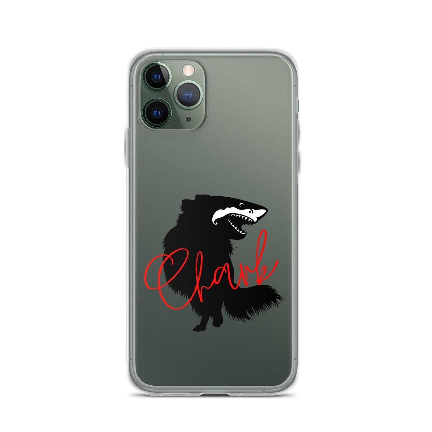 Chihuahua + Shark = Chark Clear iPhone case with the black silhouette of a longhaired chihuahua with the face of a great white shark - mouth open to show off jaws lined with lots of sharp white teeth. The word "Chark" is artfully placed in red cursive font over the image. For trendy chi lovers. iPhone 11 pro case.