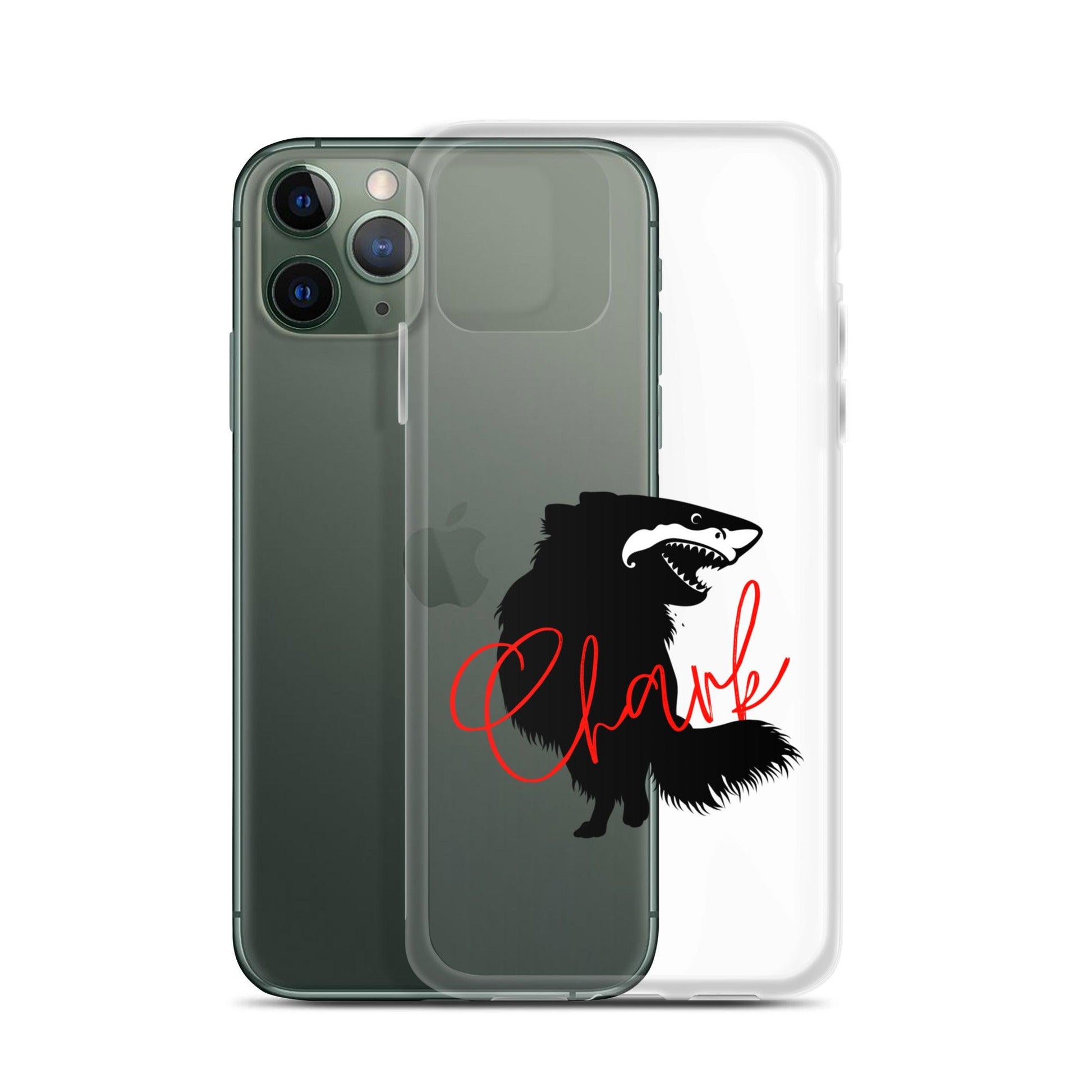 Chihuahua + Shark = Chark Clear iPhone case with the black silhouette of a longhaired chihuahua with the face of a great white shark - mouth open to show off jaws lined with lots of sharp white teeth. The word "Chark" is artfully placed in red cursive font over the image. For trendy chi lovers. iPhone 11 pro case.