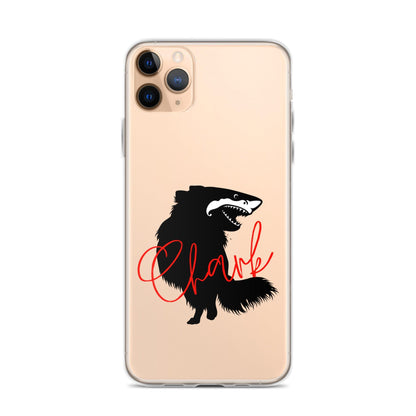 Chihuahua + Shark = Chark Clear iPhone case with the black silhouette of a longhaired chihuahua with the face of a great white shark - mouth open to show off jaws lined with lots of sharp white teeth. The word "Chark" is artfully placed in red cursive font over the image. For trendy chi lovers. iPhone 11 pro max case.