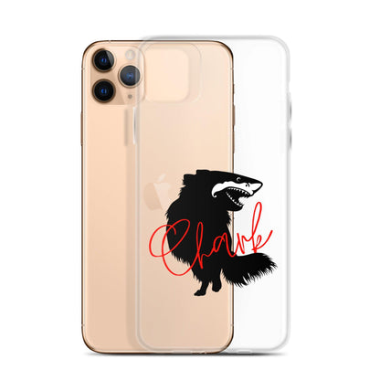 Chihuahua + Shark = Chark Clear iPhone case with the black silhouette of a longhaired chihuahua with the face of a great white shark - mouth open to show off jaws lined with lots of sharp white teeth. The word "Chark" is artfully placed in red cursive font over the image. For trendy chi lovers. iPhone 11 pro max case.