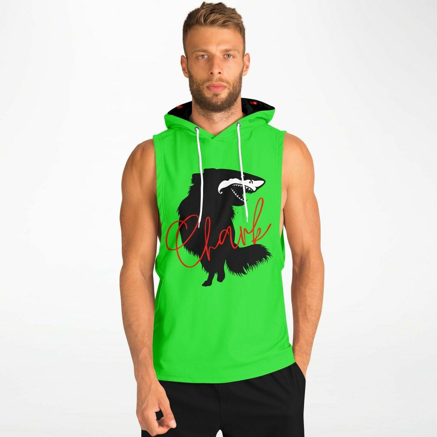 Chark punky green sleeveless hoodie. Front: black chihuahua with the face of a great white shark - mouth open to show off jaws lined with sharp white teeth, with "Chark" in red cursive font. Back: another shark-faced chi and a "dictionary entry" of the noun "chark": a chihuahua with teeth like a shark. Contrasting hoodie inner: Black with red Chimigos logos. So cool! Sporty bodybuilder style drop armholes. 95% recycled polyester. Sizes XS - 4XL. Design by Renate Kriegler for Chimigos.