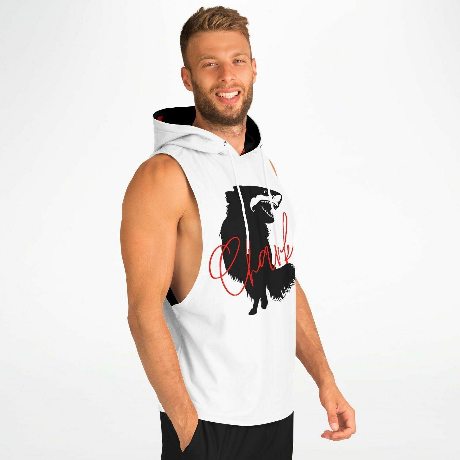 Chark punky white sleeveless hoodie. Front: black chihuahua with the face of a great white shark - mouth open to show off jaws lined with sharp white teeth, with "Chark" in red cursive font. Back: another shark-faced chi and a "dictionary entry" of the noun "chark": a chihuahua with teeth like a shark. Contrasting hoodie inner: Black with red Chimigos logos. So cool! Sporty bodybuilder style drop armholes. 95% recycled polyester. Sizes XS - 4XL. Design by Renate Kriegler for Chimigos.