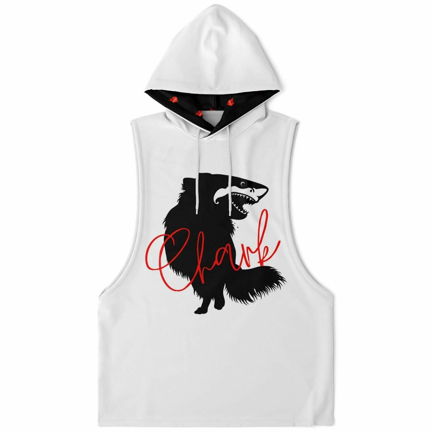 Chark punky white sleeveless hoodie. Front: black chihuahua with the face of a great white shark - mouth open to show off jaws lined with sharp white teeth, with "Chark" in red cursive font. Back: another shark-faced chi and a "dictionary entry" of the noun "chark": a chihuahua with teeth like a shark. Contrasting hoodie inner: Black with red Chimigos logos. So cool! Sporty bodybuilder style drop armholes. 95% recycled polyester. Sizes XS - 4XL. Design by Renate Kriegler for Chimigos.