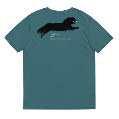 Chihuahua + Shark = Chark unisex t-shirt. Front: black silhouette of a longhaired chihuahua with the face of a great white shark + "Chark"  in red cursive font. Back: another shark-faced chihuahua silhouette running across the shoulder blades + dictionary entry of the noun "chark": a chihuahua with teeth like a shark. 100% pure organic cotton. Grey Blue. Unisex in sizes for men and women. Design by Renate Kriegler, owner of Chimigos - for the love of chihuahuas. More on chimigos.com