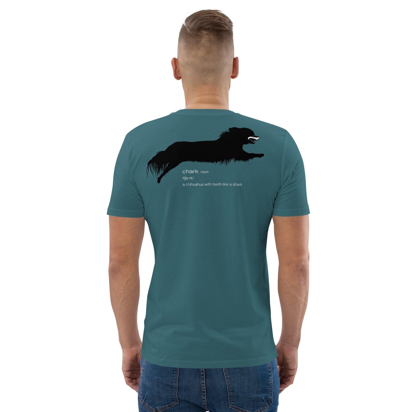 Chihuahua + Shark = Chark unisex t-shirt. Front: black silhouette of a longhaired chihuahua with the face of a great white shark + "Chark"  in red cursive font. Back: another shark-faced chihuahua silhouette running across the shoulder blades + dictionary entry of the noun "chark": a chihuahua with teeth like a shark. 100% pure organic cotton. Grey Blue. Unisex in sizes for men and women. Design by Renate Kriegler, owner of Chimigos - for the love of chihuahuas. More on chimigos.com