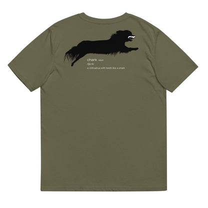 Chihuahua + Shark = Chark unisex t-shirt. Front: black silhouette of a longhaired chihuahua with the face of a great white shark + "Chark"  in red cursive font. Back: another shark-faced chihuahua silhouette running across the shoulder blades + dictionary entry of the noun "chark": a chihuahua with teeth like a shark. 100% pure organic cotton. Khaki. Unisex in sizes for men and women. Design by Renate Kriegler, owner of Chimigos - for the love of chihuahuas. More on chimigos.com