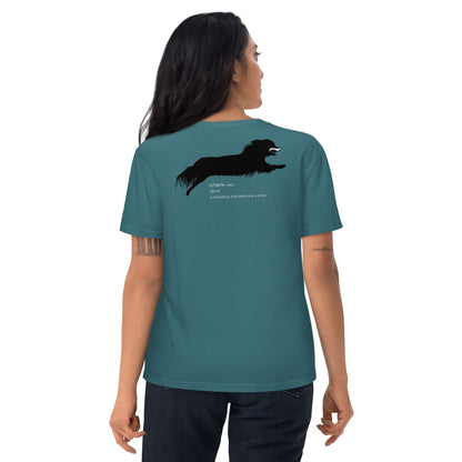 Chihuahua + Shark = Chark unisex t-shirt. Front: black silhouette of a longhaired chihuahua with the face of a great white shark + "Chark"  in red cursive font. Back: another shark-faced chihuahua silhouette running across the shoulder blades + dictionary entry of the noun "chark": a chihuahua with teeth like a shark. 100% pure organic cotton. Grey Blue. Unisex in sizes for men and women. Design by Renate Kriegler, owner of Chimigos - for the love of chihuahuas. More on chimigos.com