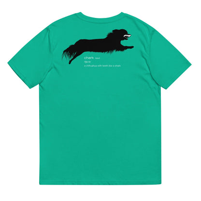 Chihuahua + Shark = Chark unisex t-shirt. Front: black silhouette of a longhaired chihuahua with the face of a great white shark + "Chark"  in red cursive font. Back: another shark-faced chihuahua silhouette running across the shoulder blades + dictionary entry of the noun "chark": a chihuahua with teeth like a shark. 100% pure organic cotton. Turquoise Green. Unisex in sizes for men and women. Design by Renate Kriegler, owner of Chimigos - for the love of chihuahuas. More on chimigos.com