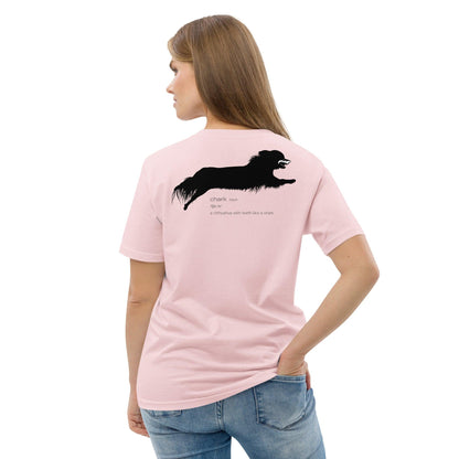 Chihuahua + Shark = Chark unisex t-shirt. Front: black silhouette of a longhaired chihuahua with the face of a great white shark + "Chark"  in cursive font. Back: another shark-faced chihuahua silhouette running across the shoulder blades + dictionary entry of the noun "chark": a chihuahua with teeth like a shark. 100% pure organic cotton. Light Pink. Unisex in sizes for men and women. Design by Renate Kriegler, owner of Chimigos - for the love of chihuahuas. More on chimigos.com