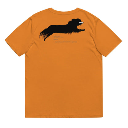 Chihuahua + Shark = Chark unisex t-shirt. Front: black silhouette of a longhaired chihuahua with the face of a great white shark + "Chark"  in cursive font. Back: another shark-faced chihuahua silhouette running across the shoulder blades + dictionary entry of the noun "chark": a chihuahua with teeth like a shark. 100% pure organic cotton. Dark Autumn Yellow. Unisex in sizes for men and women. Design by Renate Kriegler, owner of Chimigos - for the love of chihuahuas. More on chimigos.com