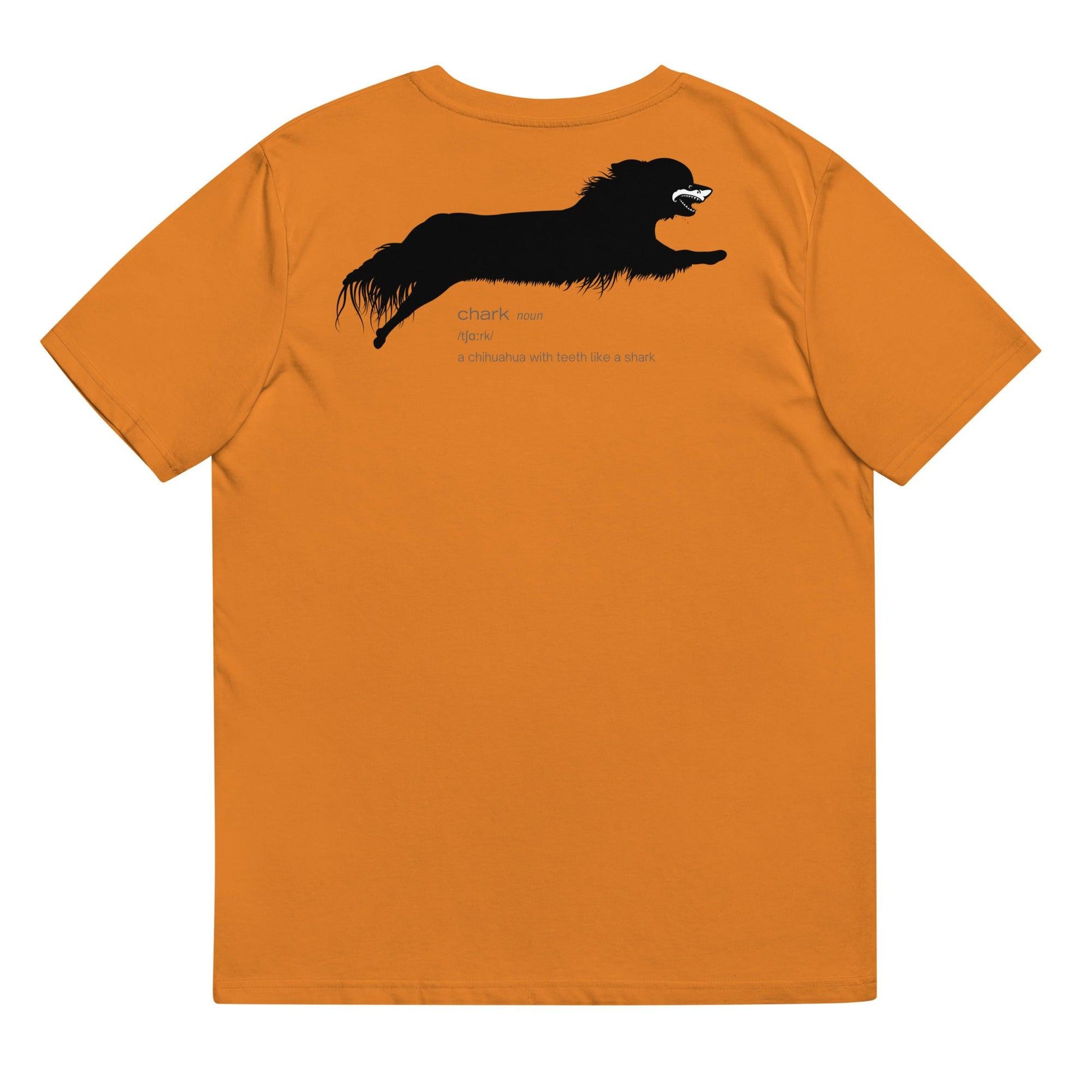 Chihuahua + Shark = Chark unisex t-shirt. Front: black silhouette of a longhaired chihuahua with the face of a great white shark + "Chark"  in cursive font. Back: another shark-faced chihuahua silhouette running across the shoulder blades + dictionary entry of the noun "chark": a chihuahua with teeth like a shark. 100% pure organic cotton. Dark Autumn Yellow. Unisex in sizes for men and women. Design by Renate Kriegler, owner of Chimigos - for the love of chihuahuas. More on chimigos.com