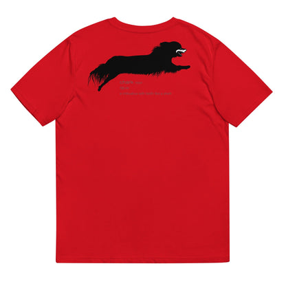 Chihuahua + Shark = Chark unisex t-shirt. Front: black silhouette of a longhaired chihuahua with the face of a great white shark + "Chark"  in cursive font. Back: another shark-faced chihuahua silhouette running across the shoulder blades + dictionary entry of the noun "chark": a chihuahua with teeth like a shark. 100% pure organic cotton. Red. Unisex in sizes for men and women. Design by Renate Kriegler, owner of Chimigos - for the love of chihuahuas. More on chimigos.com