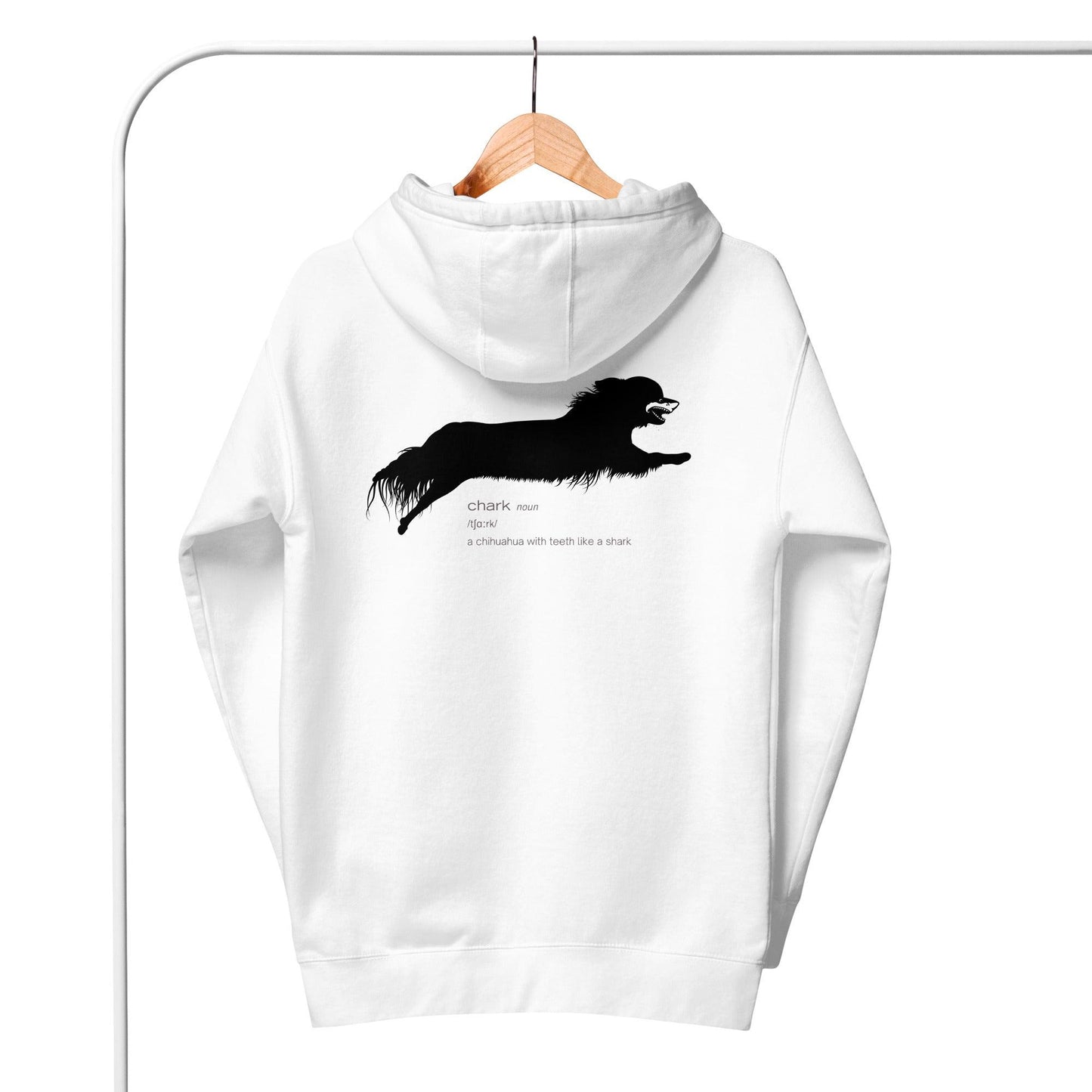 Chihuahuas. Small dog, big heart, big bark, BIG BITE! Chark: Chihuahua + Shark = Chark. Never mind shark attack. Beware of the chihuahua! A Chark hoodie makes an unique and humorous gift idea for chi lovers. White or Light Grey, all sizes for women and men, teenage boys and girls. More chihuahua gifts at chimigos.com