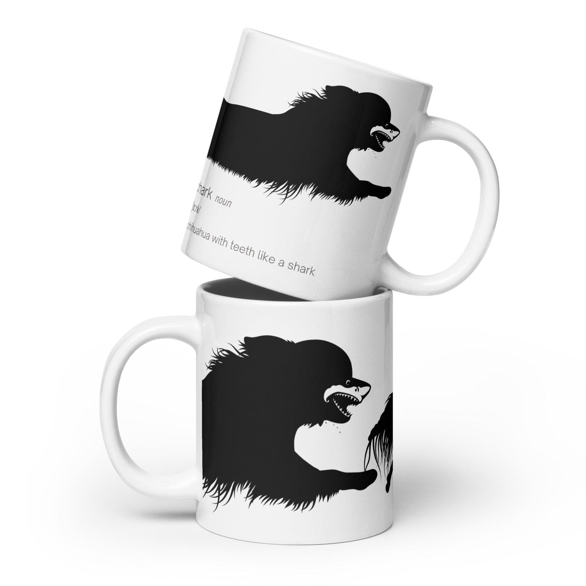 Chihuahua + Shark = Chark. Chihuahua mug features the black silhouette of a longhaired chihuahua with the face of a great white shark - mouth open to show off jaws lined with lots of sharp white teeth. Plus a "dictionary entry" of the noun "chark": a chihuahua with teeth like a shark. More on chimigos,com