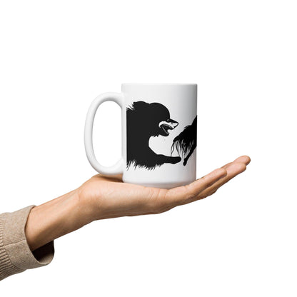 Chihuahua + Shark = Chark. Chihuahua mug features the black silhouette of a longhaired chihuahua with the face of a great white shark - mouth open to show off jaws lined with lots of sharp white teeth. Plus a "dictionary entry" of the noun "chark": a chihuahua with teeth like a shark. More on chimigos,com