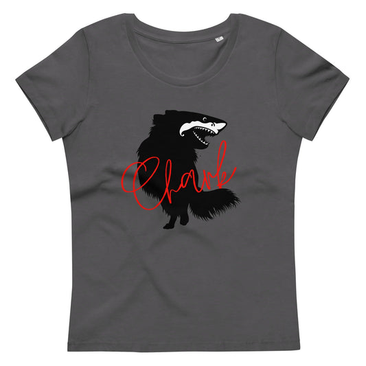 Chihuahua + Shark = Chark women's fitted t-shirt. Front: black silhouette of a longhaired chihuahua with the face of a great white shark + "Chark" in red cursive font. Back: another shark-faced chihuahua silhouette running across the shoulder blades + dictionary entry of the noun "chark": a chihuahua with teeth like a shark. 100% pure organic cotton. Dark grey. Design by Renate Kriegler, owner of Chimigos - for the love of chihuahuas. More on chimigos.com