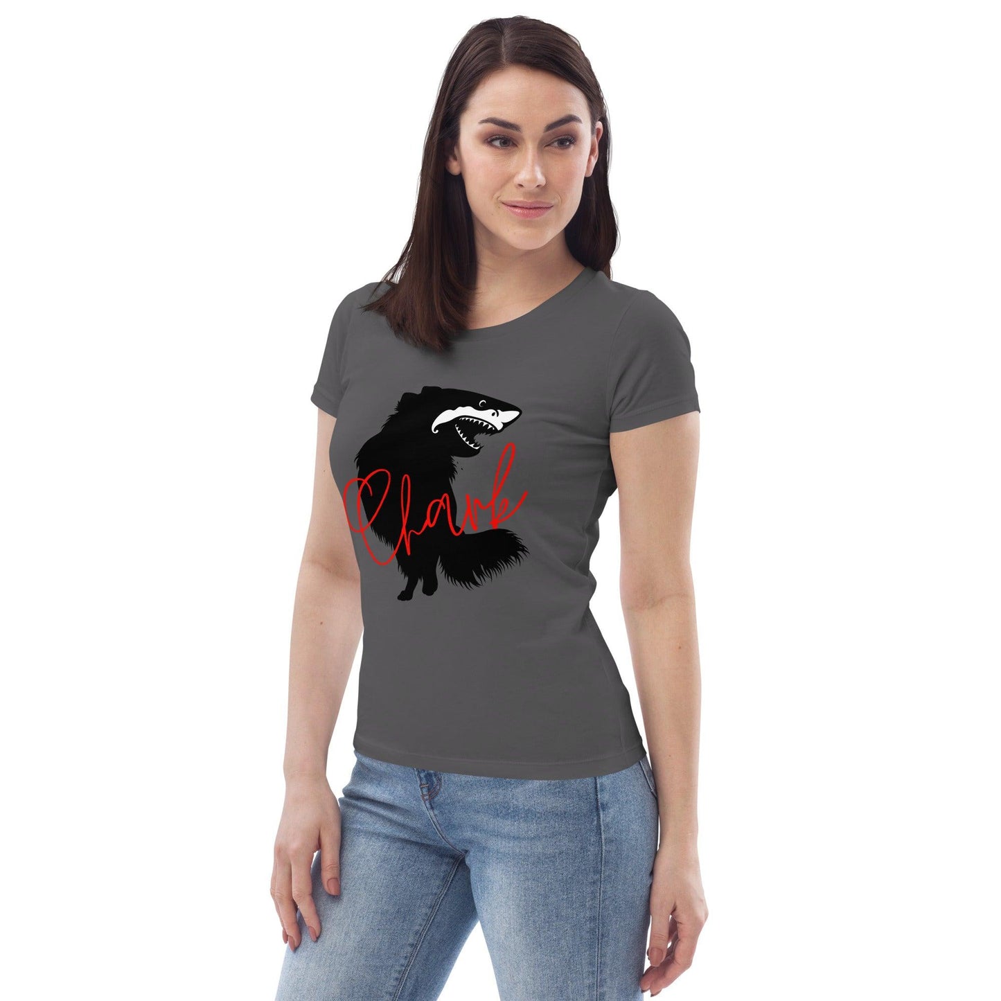 Chihuahua + Shark = Chark women's fitted t-shirt. Front: black silhouette of a longhaired chihuahua with the face of a great white shark + "Chark" in red cursive font. Back: another shark-faced chihuahua silhouette running across the shoulder blades + dictionary entry of the noun "chark": a chihuahua with teeth like a shark. 100% pure organic cotton. Dark grey. Design by Renate Kriegler, owner of Chimigos - for the love of chihuahuas. More on chimigos.com