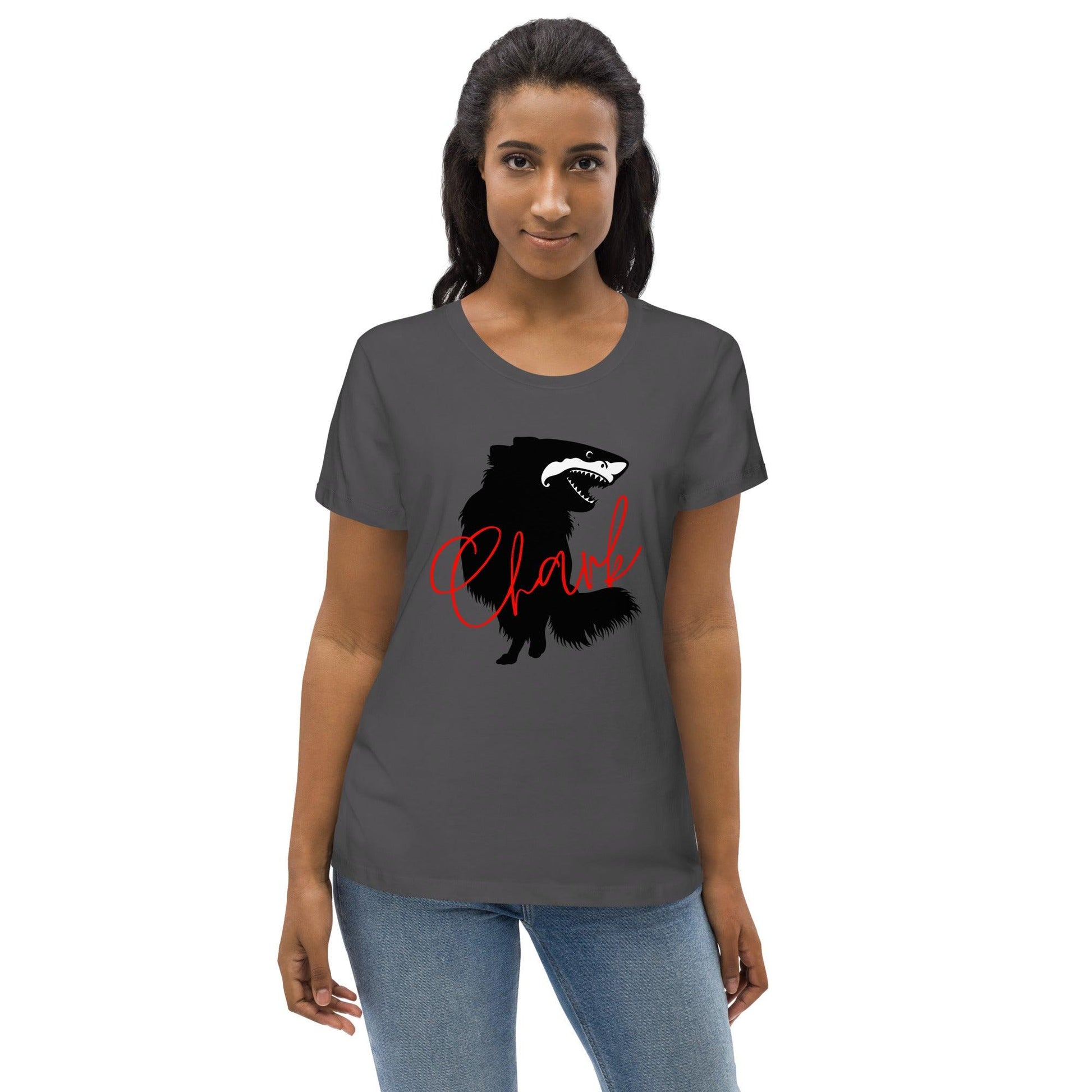 Chihuahua + Shark = Chark women's fitted t-shirt. Front: black silhouette of a longhaired chihuahua with the face of a great white shark + "Chark" in red cursive font. Back: another shark-faced chihuahua silhouette running across the shoulder blades + dictionary entry of the noun "chark": a chihuahua with teeth like a shark. 100% pure organic cotton. Dark grey. Design by Renate Kriegler, owner of Chimigos - for the love of chihuahuas. More on chimigos.com
