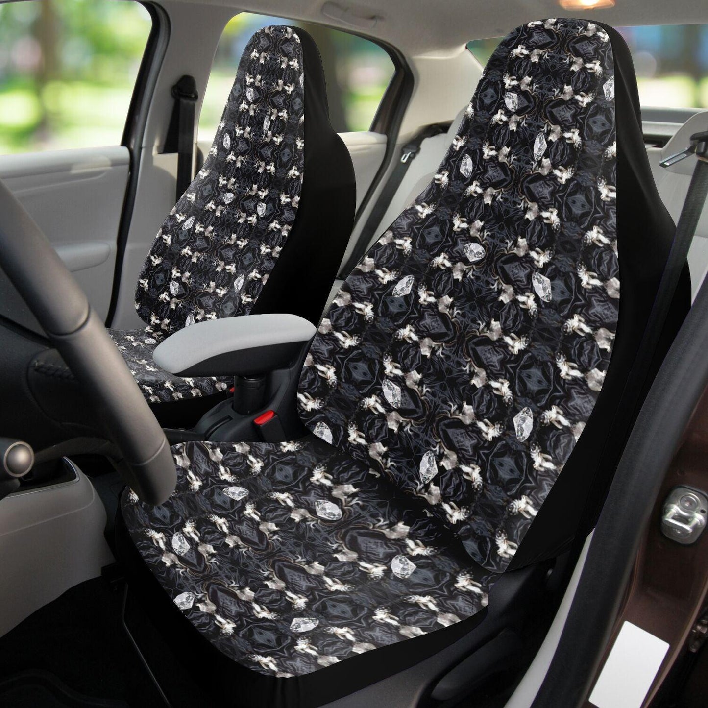 Chihuahuas and diamonds black and white art deco car seat covers for a stylish girl. Chimigos.com