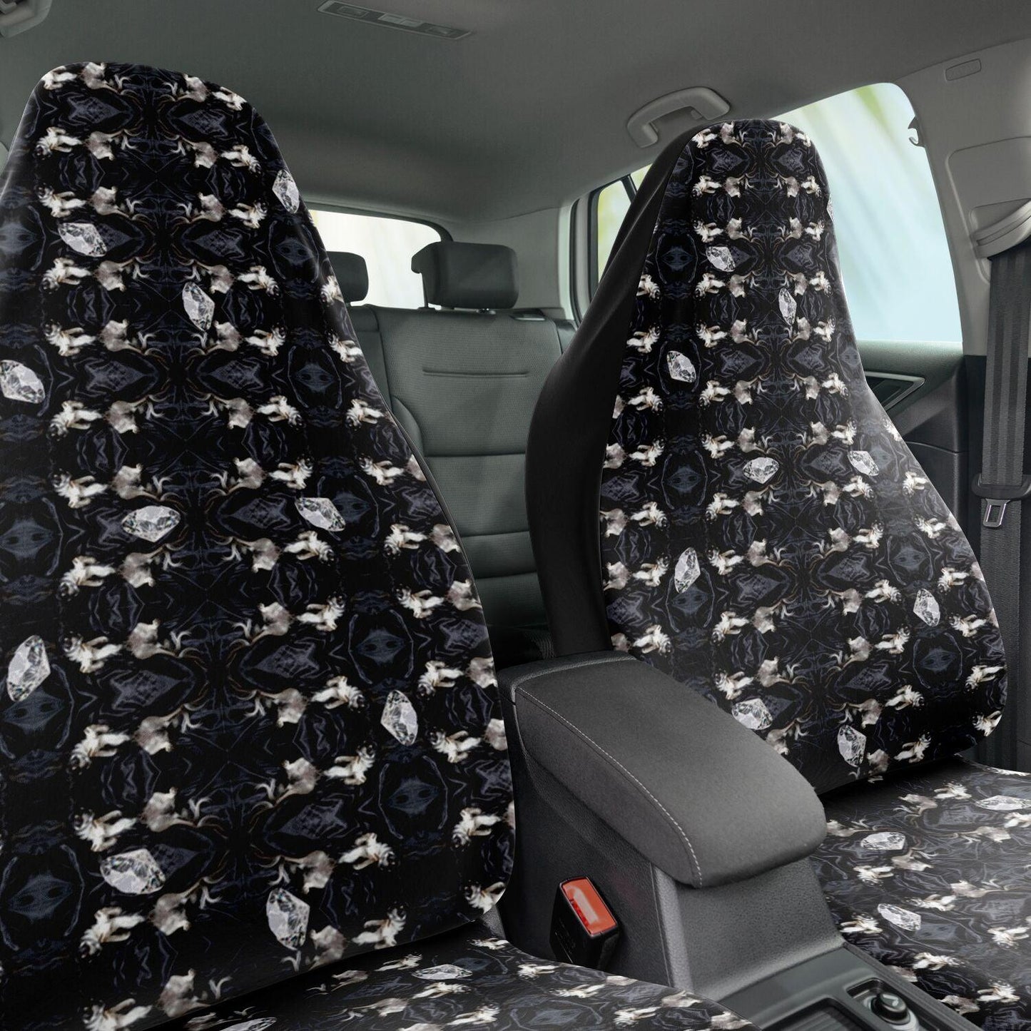 Chihuahuas and diamonds black and white art deco car seat covers for a stylish girl. Chimigos.com