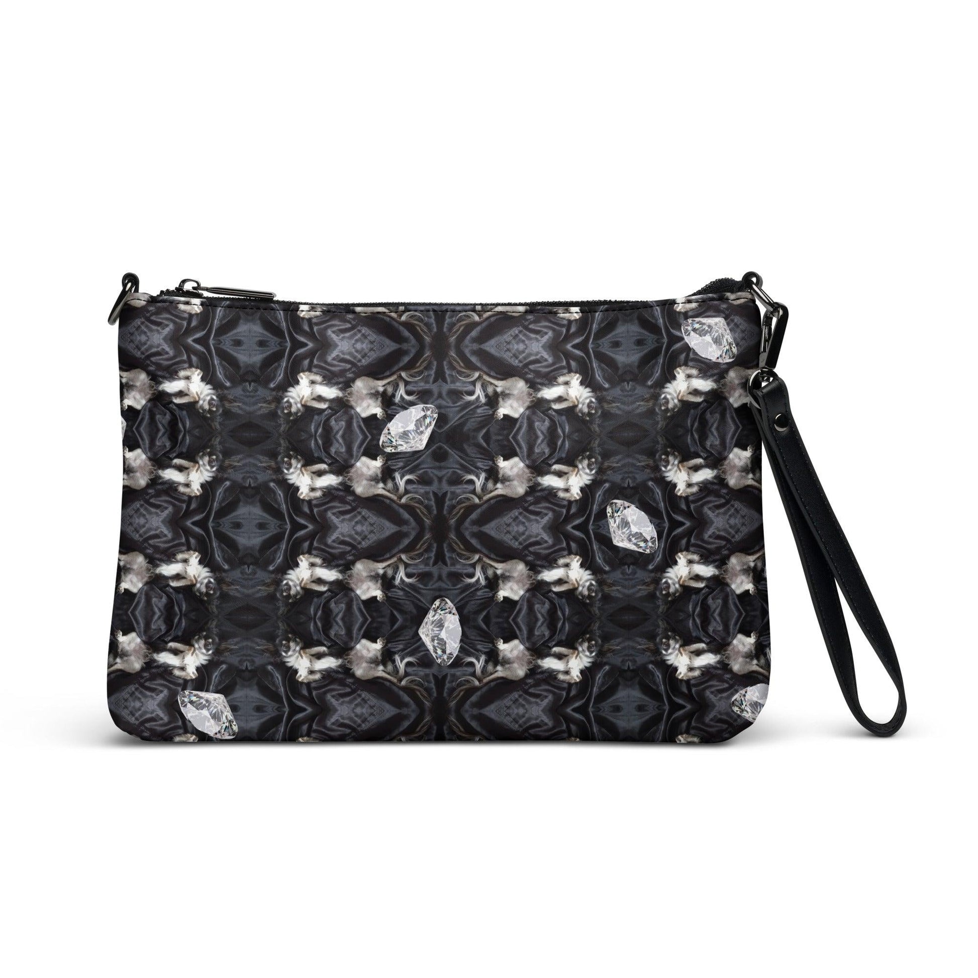 This unique crossbody handbag features a stylish black and white Art Deco pattern with a contemporary bling twist. A gorgeous longhaired chihuahua boy posing seductively on a black silk sheet. On repeat. And scatterings of diamonds! Luxurious. Divine! A brilliant gift for anyone who loves chihuahuas. Design by Renate Kriegler for Chimigos.