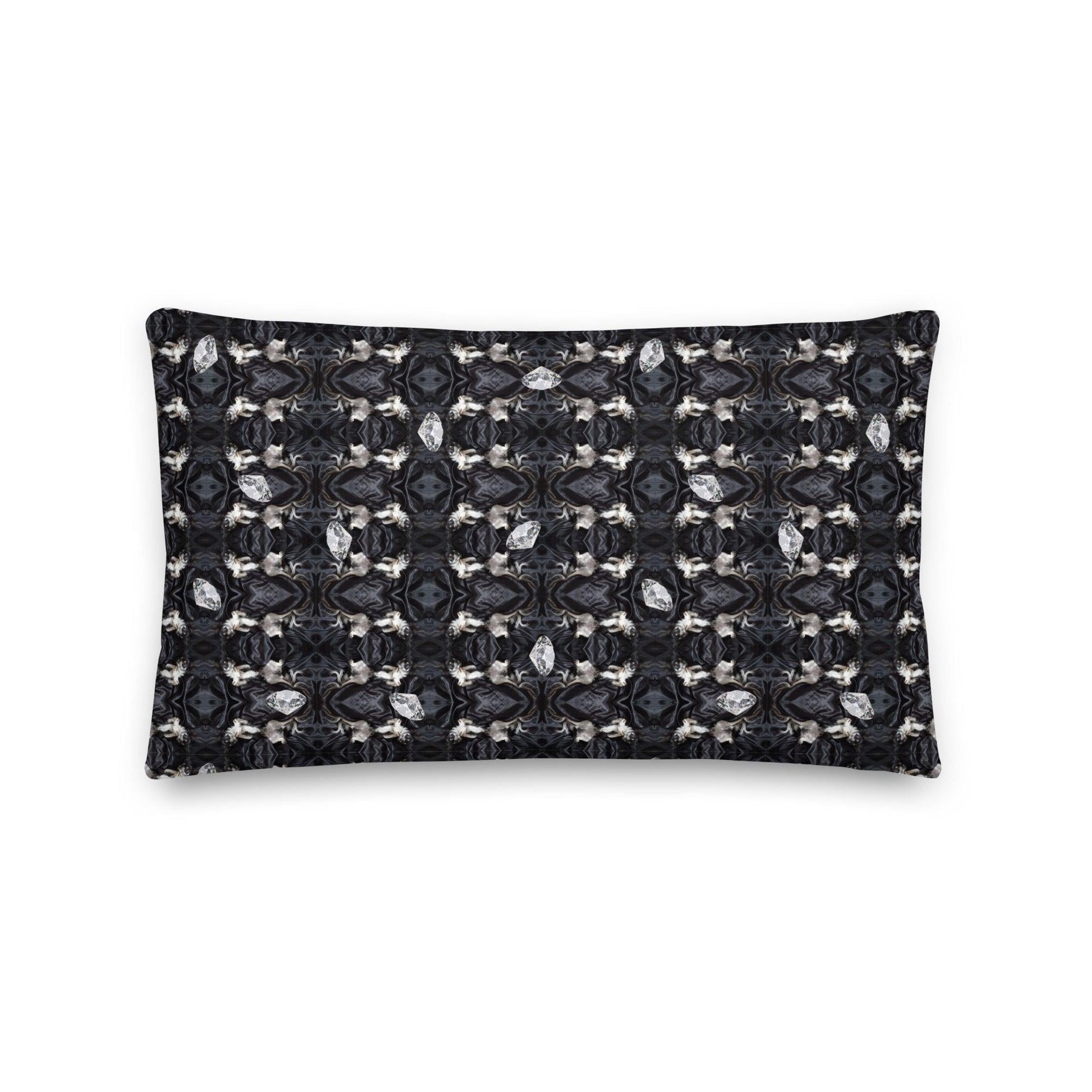 A gorgeous longhaired chihuahua boy posing seductively on a black silk sheet. On repeat. And a cheeky scattering of diamonds! So luxurious. Divine! The makings of a stylish Art Deco effect, with an on-trend bling twist. These easy-care premium linen-feel cushions promise to be a unique and classy addition to your home, and a brilliant gift of cuteness overload for anyone who loves chihuahuas. Chihuahuas and diamonds. Bling bling you win! Design by Renate Kriegler for Chimigos.