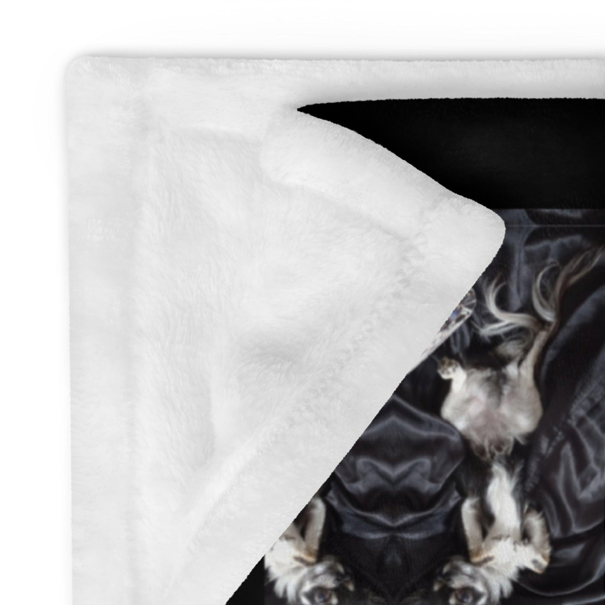 A gorgeous longhaired chihuahua boy posing seductively on a black silk sheet. On repeat. And a cheeky scattering of diamonds! So luxurious. Divine! The makings of a stylish Art Deco effect, with an on-trend bling twist. This silky soft black and white Chihuahuas and Diamonds throw blanket will be a unique and classy addition to your home, and a brilliant gift of cuteness overload for anyone who loves chihuahuas. Bling bling you win! Design by Renate Kriegler for Chimigos.