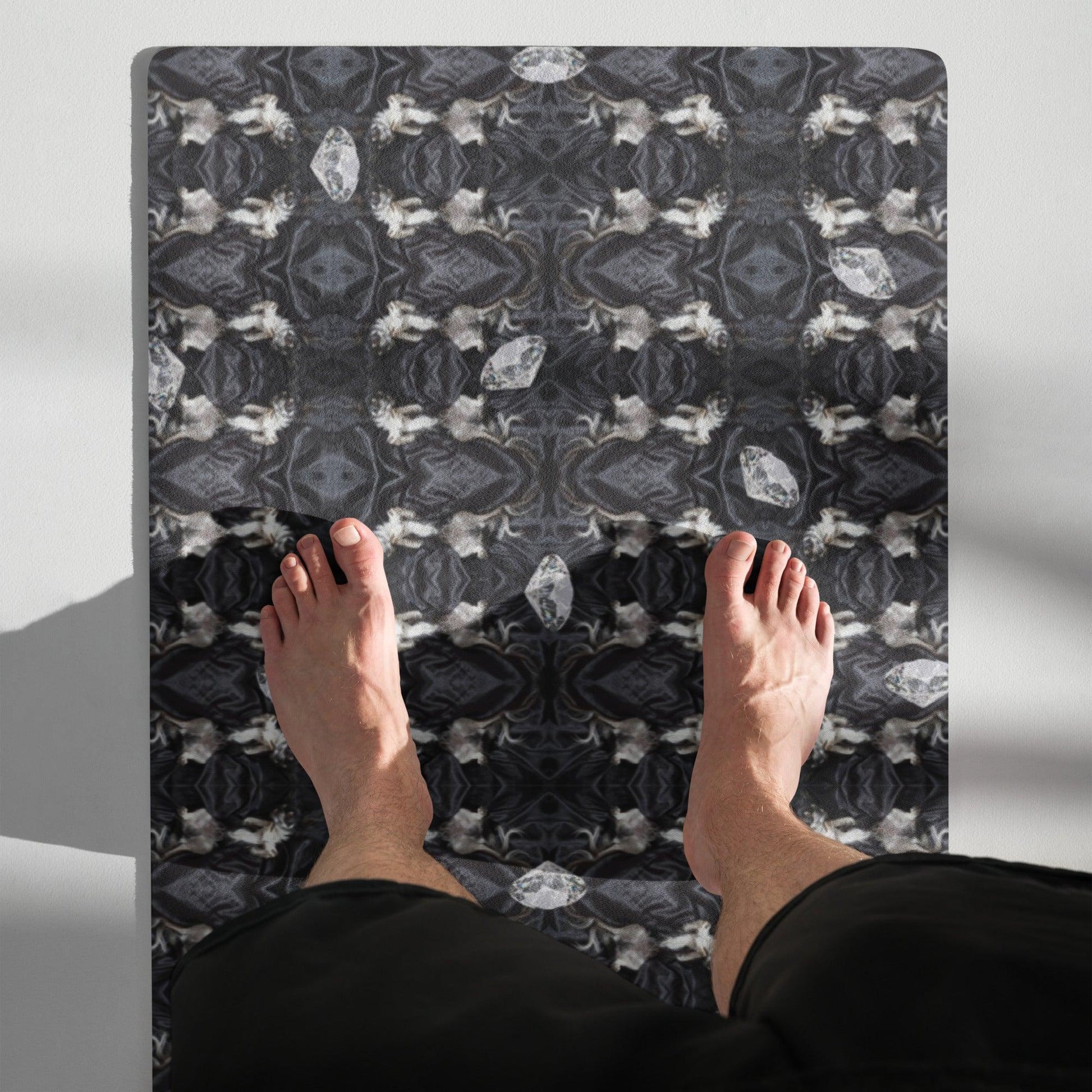 This unique yoga mat features a stylish black and white Art Deco pattern with a contemporary bling twist. A gorgeous longhaired chihuahua boy posing seductively on a black silk sheet. On repeat. And scatterings of diamonds! Luxurious. Divine! Design by Renate Kriegler for Chimigos.