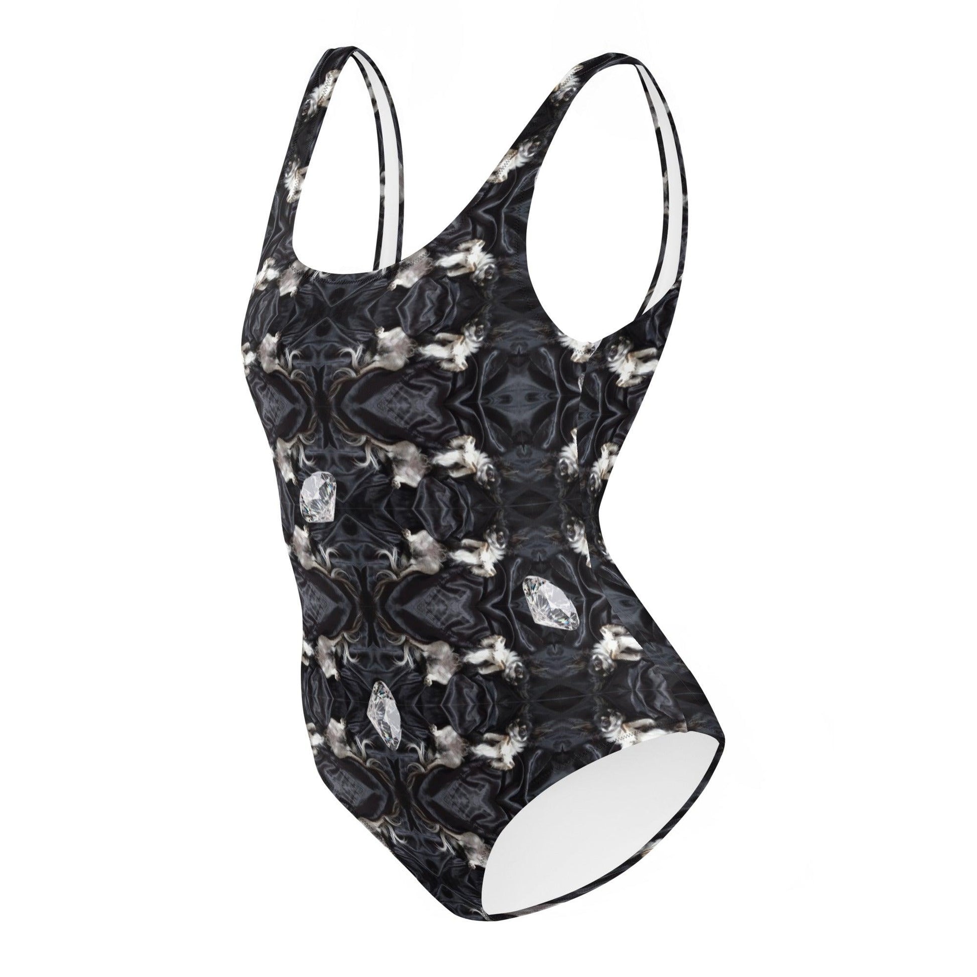 Chihuahuas and Diamonds - Black and White Deco One-Piece Swimsuit - Chimigos