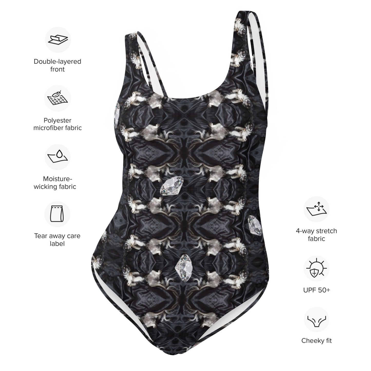 Chihuahuas and Diamonds - Black and White Deco One-Piece Swimsuit - Chimigos