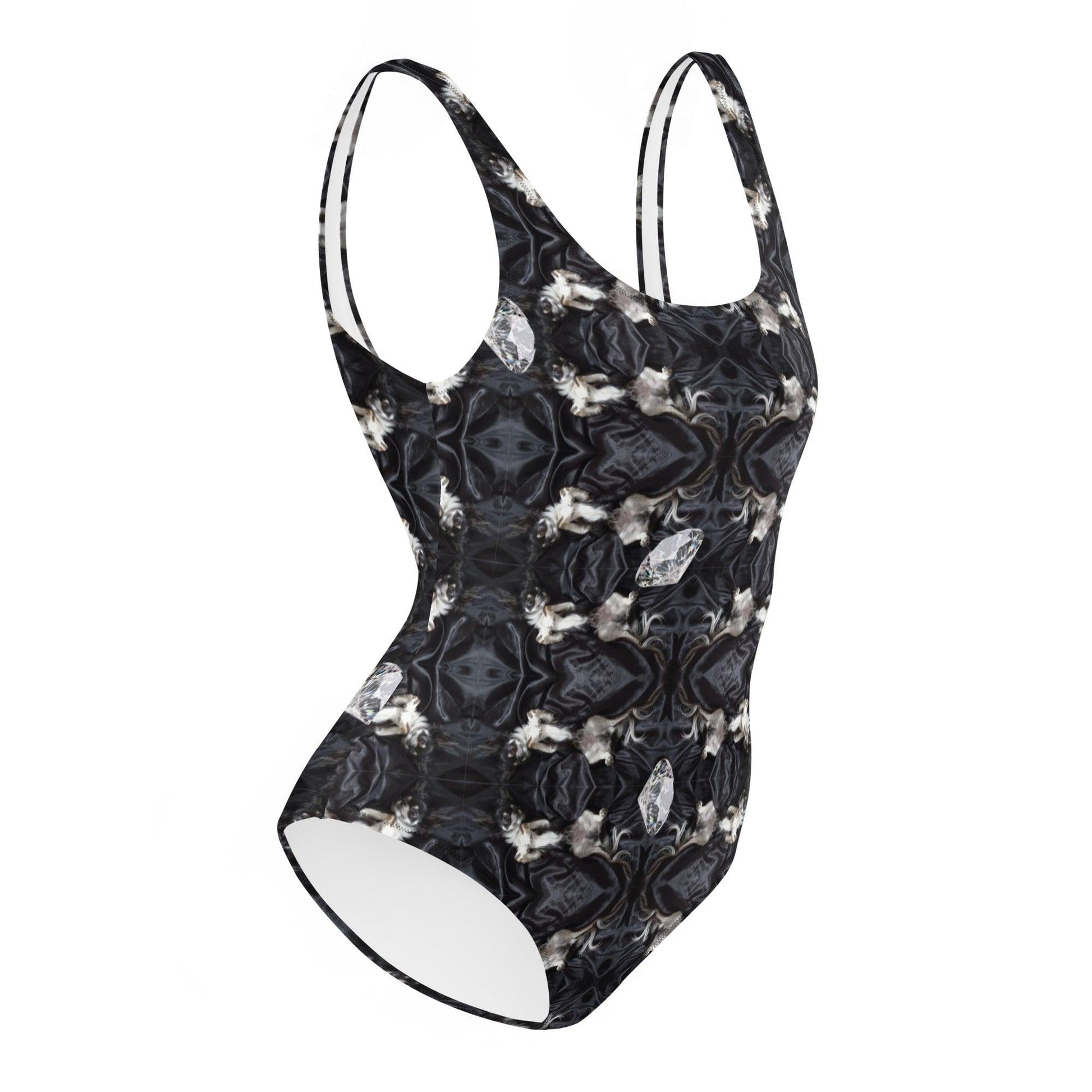 Chihuahuas and Diamonds - Black and White Deco One-Piece Swimsuit - Chimigos