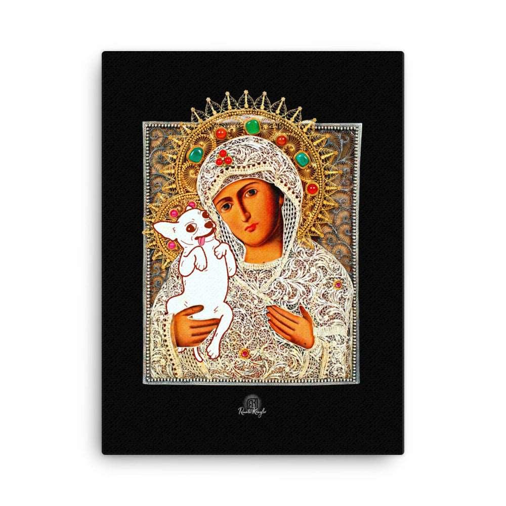 ChiMama - Chi Mama - Chihuahua Mama. Madonna and child icon artist's collage on black background by Renate Kriegler. Durable art print on hand-stretched canvas. Different and stylish gift idea for a doting chihuahua mummy and her spoilt pup. Perfect for Mother's Day / Mothering Sunday.