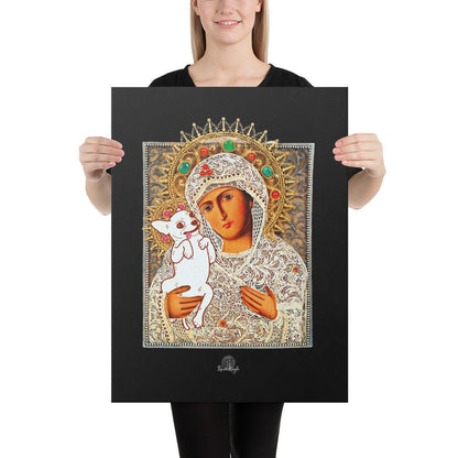 ChiMama - Chi Mama - Chihuahua Mama. Madonna and child icon artist's collage on black background by Renate Kriegler. Durable art print on hand-stretched canvas. Different and stylish gift idea for a doting chihuahua mummy and her spoilt pup. Perfect for Mother's Day / Mothering Sunday.