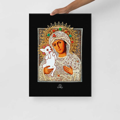 ChiMama - Chi Mama - Chihuahua Mama. Madonna and child icon artist's collage on black background by Renate Kriegler. Durable art print on hand-stretched canvas. Different and stylish gift idea for a doting chihuahua mummy and her spoilt pup. Perfect for Mother's Day / Mothering Sunday.