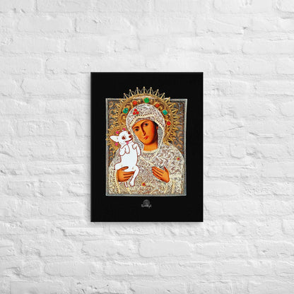 ChiMama - Chi Mama - Chihuahua Mama. Madonna and child icon artist's collage on black background by Renate Kriegler. Durable art print on hand-stretched canvas. Different and stylish gift idea for a doting chihuahua mummy and her spoilt pup. Perfect for Mother's Day / Mothering Sunday.
