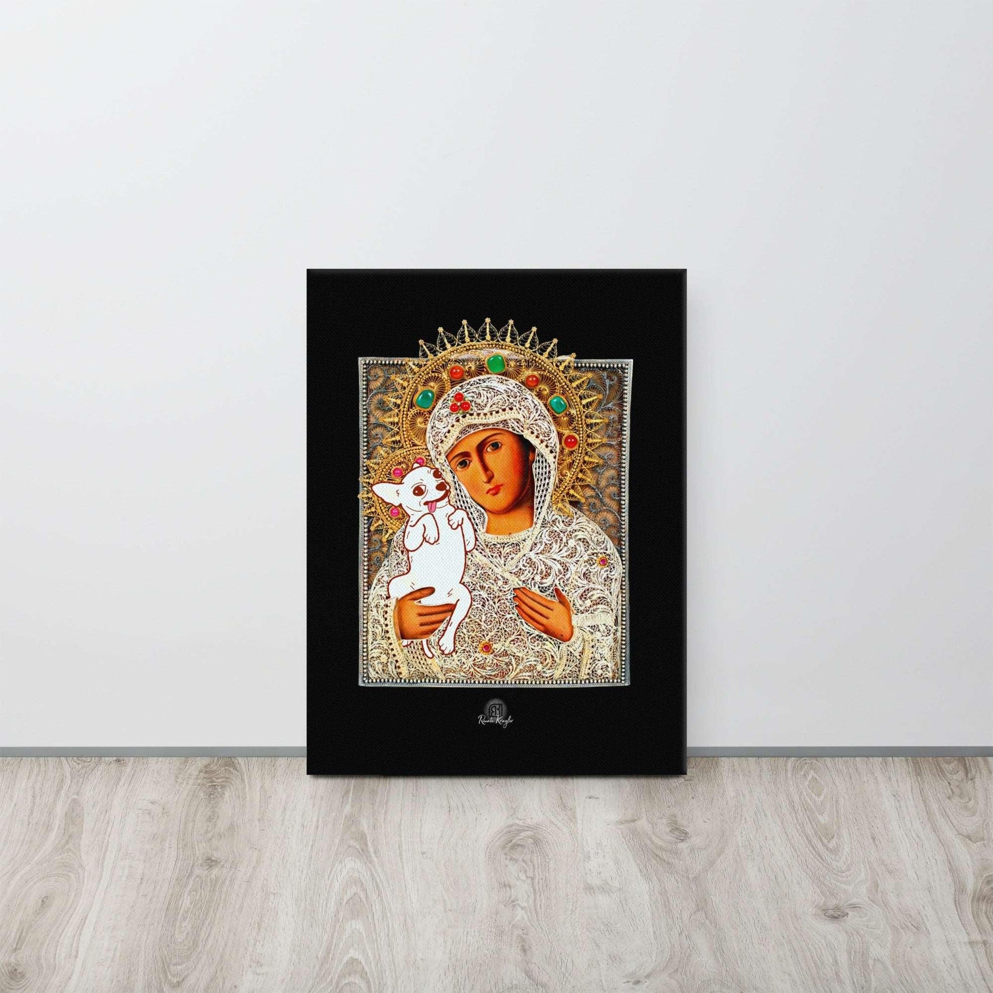 ChiMama - Chi Mama - Chihuahua Mama. Madonna and child icon artist's collage on black background by Renate Kriegler. Durable art print on hand-stretched canvas. Different and stylish gift idea for a doting chihuahua mummy and her spoilt pup. Perfect for Mother's Day / Mothering Sunday.